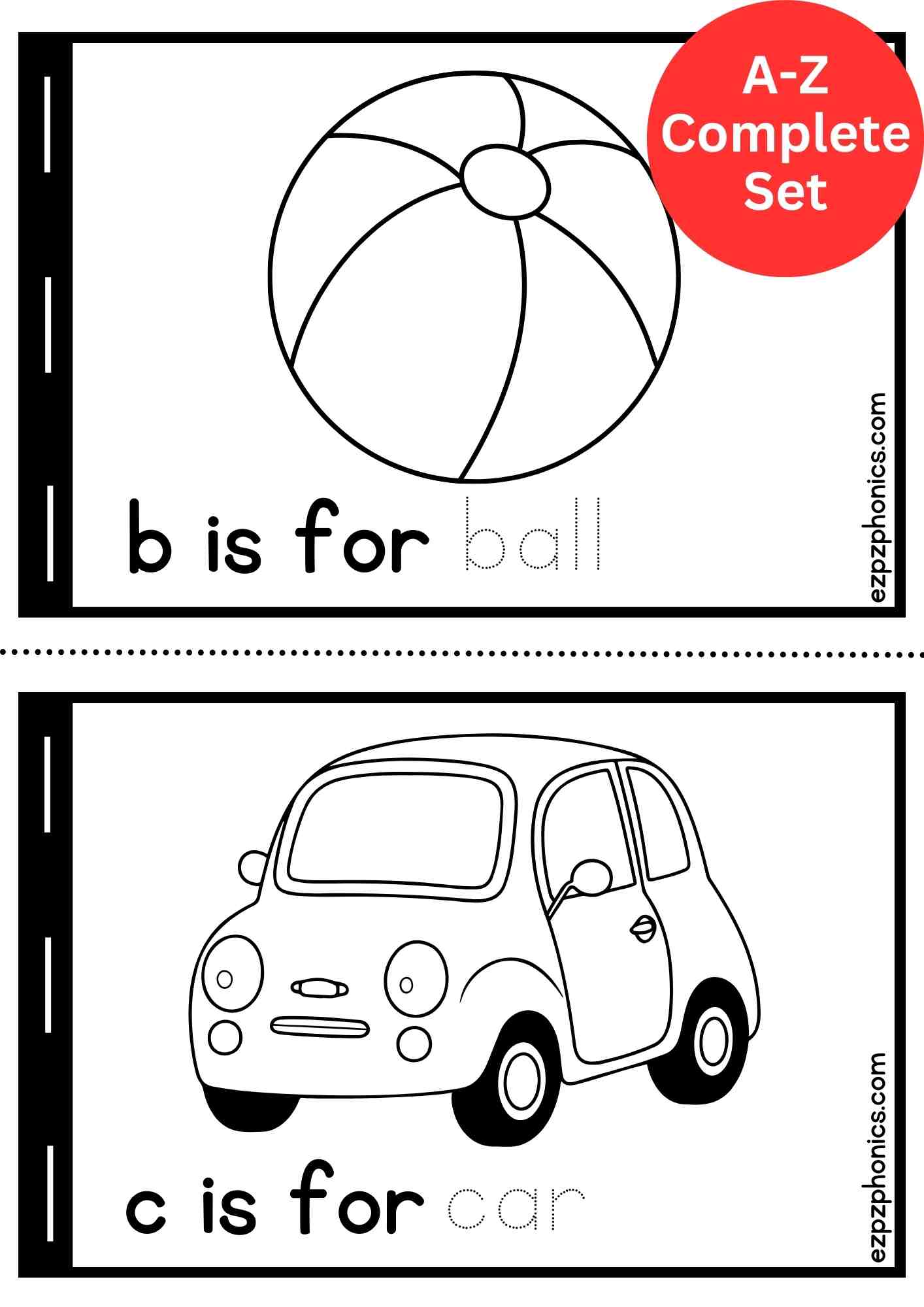 A to Z Coloring Book. ABC Phonics Coloring Book for Kindergarten Kids. Half page book. Free printable PDF download. 
